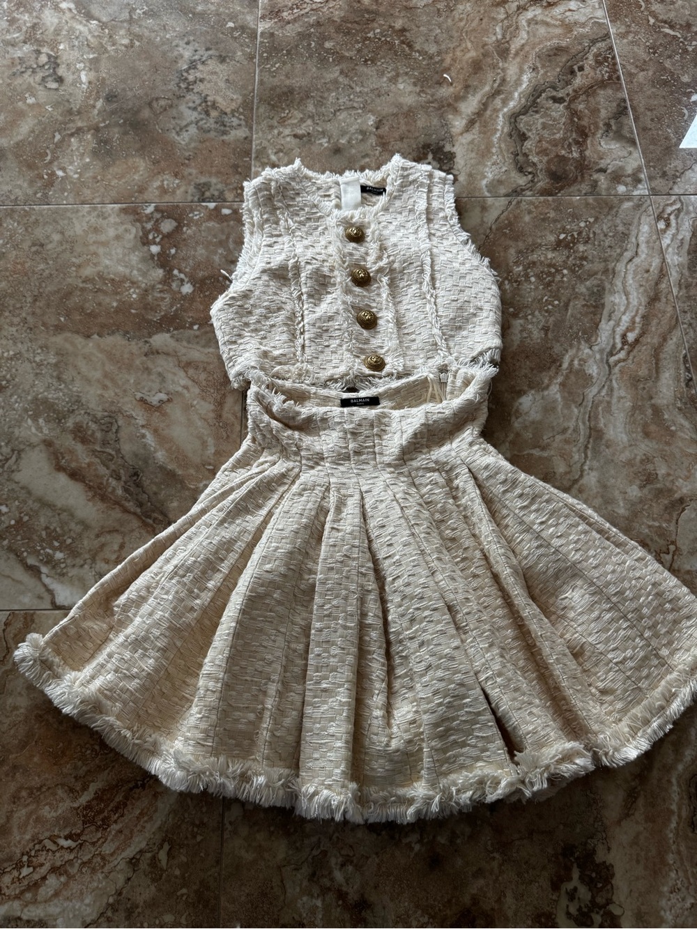 Balmain Cream Tweed Crop Top/skirt with Gold Buttons